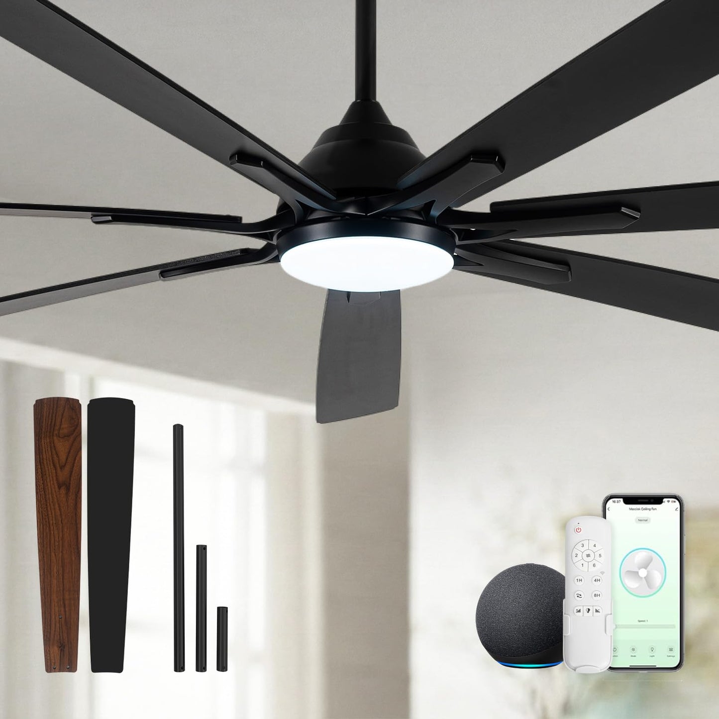 ECOiTEL 84 Inch Smart Ceiling Fan with Alexa APP,Large Black Ceiling Fan with Light,6 Speed,3CCT,Dual Finish 7 Blades,Quiet DC Motor Outdoor Fan for Patio,Big Living Room