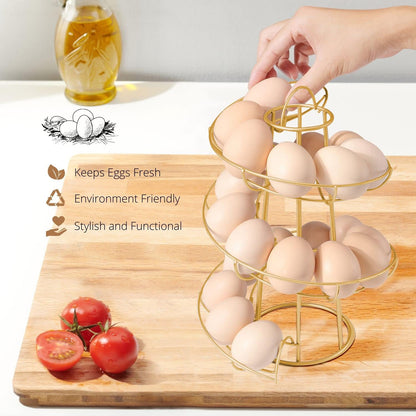 Flexzion Modern Spiral Egg Skelter, Freestanding Gold Countertop Egg Holder for Fresh Eggs Display