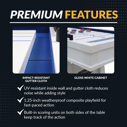 Hathaway Crestline 12 Ft Outdoor Shuffleboard Table for Patio, Yard & Deck - with Weatherproof Playfield, Built-in Scorer & Fitted Cover, Leg Levelers, 8 Pucks, Wax – White Finish