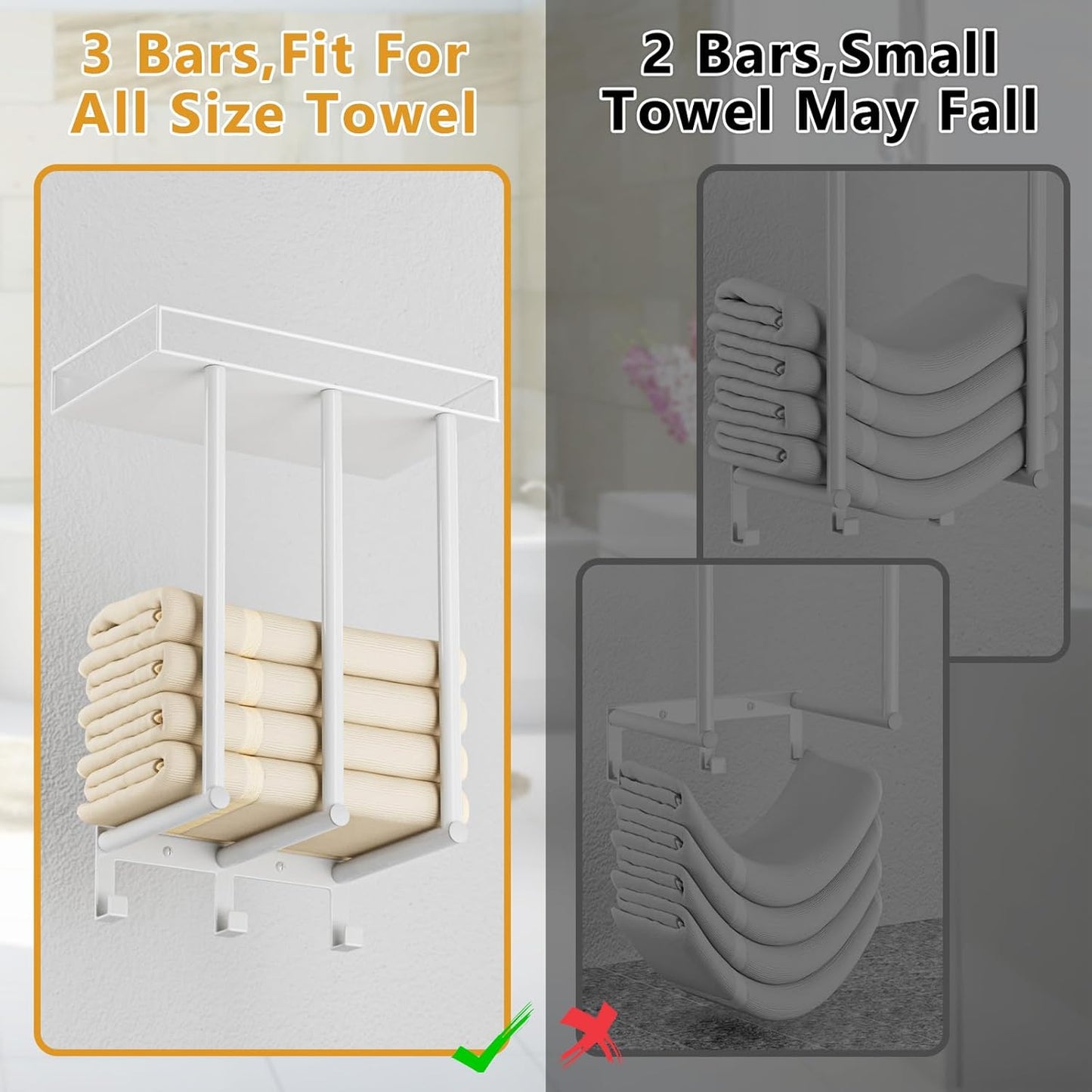 Ovicar Towel Racks for Bathroom - Wall Mounted Towel Rack with Metal Shelf & 3 Hooks, 3 Bars Towel Holder for Small