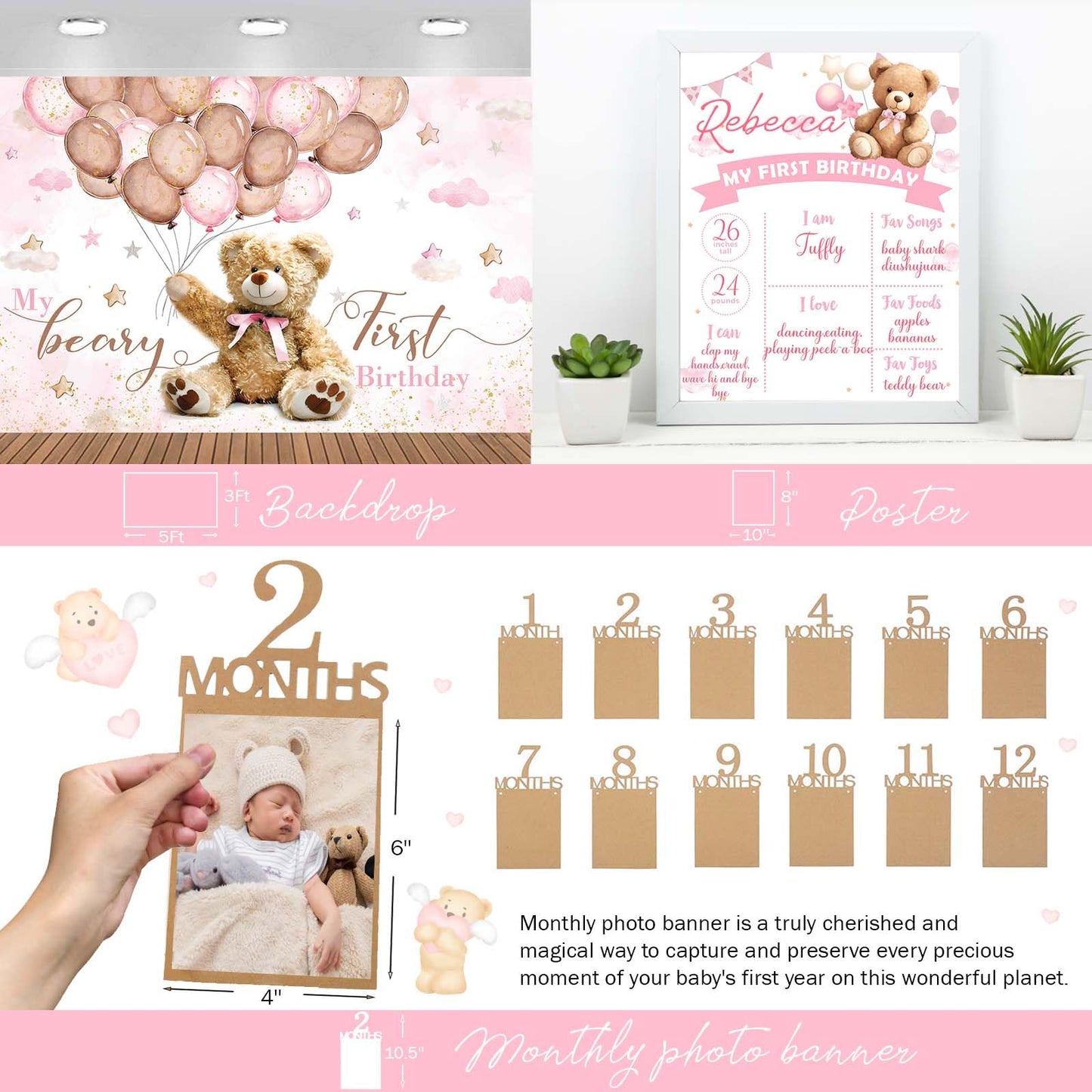 Hombae Beary First Birthday Decorations for Girl, Teddy Bear 1st Birthday Party Supplies, Pink Ivory Balloon Garland, Girl Baby Photo Banner, Bear Birthday Themed Decor Party Pack