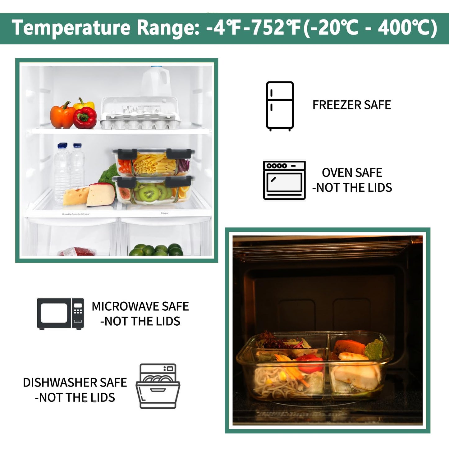 HOMBERKING 8 Pack Glass Meal Prep Containers 3 Compartment, 36oz Glass Food Storage Containers with Lids, Airtight Lunch Bento Boxes, BPA-Free & Leak Proof (8 lids & 8 Container) - Black