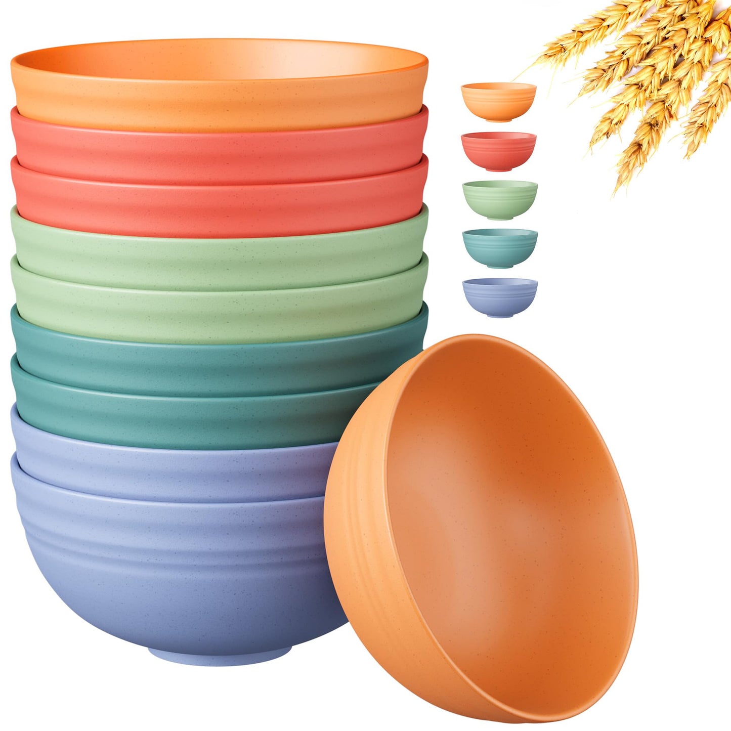 Quatish 10 PCS Unbreakable Cereal Bowls,Dishwasher & Microwave Safe Wheat Straw Bowls, Easy-to-Clean Lightweight Desserts & Soup Bowl, Portable for Picnics ，Snack Plastic Bowls Set，Multi-Color