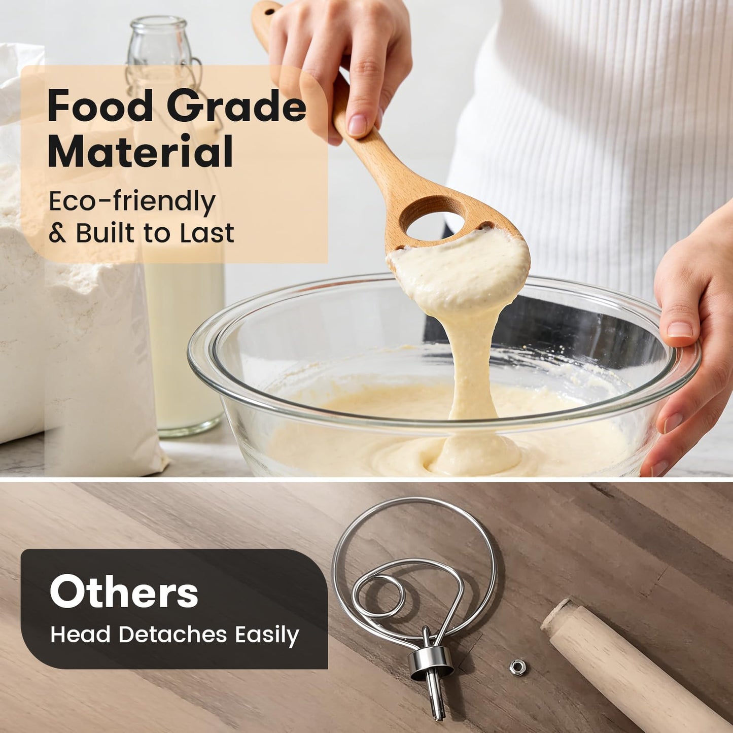 Drcomtruing Wooden Danish Dough Whisk - 12.6" Handcrafted Dutch Bread Whisk for Batter, Pizza Dough & Baking - Upgraded One-Piece Sourdough Whisk with Flow-Through Design-2 Pack