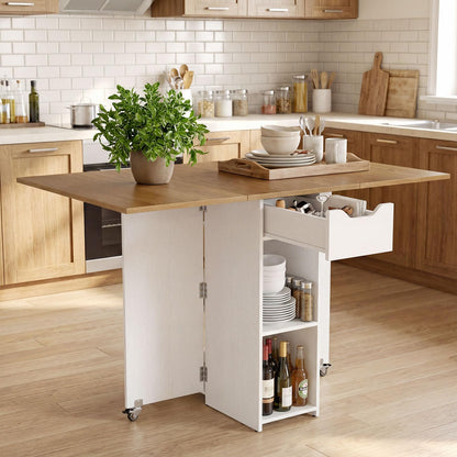 GOFLAME Drop Leaf Dining Table for 2-4, Folding Kitchen Table with Open Shelves & Drawer, Lockable Wheels, Space Saving Extendable Table for Dining Room, Living Room, Small Space, Natural & White