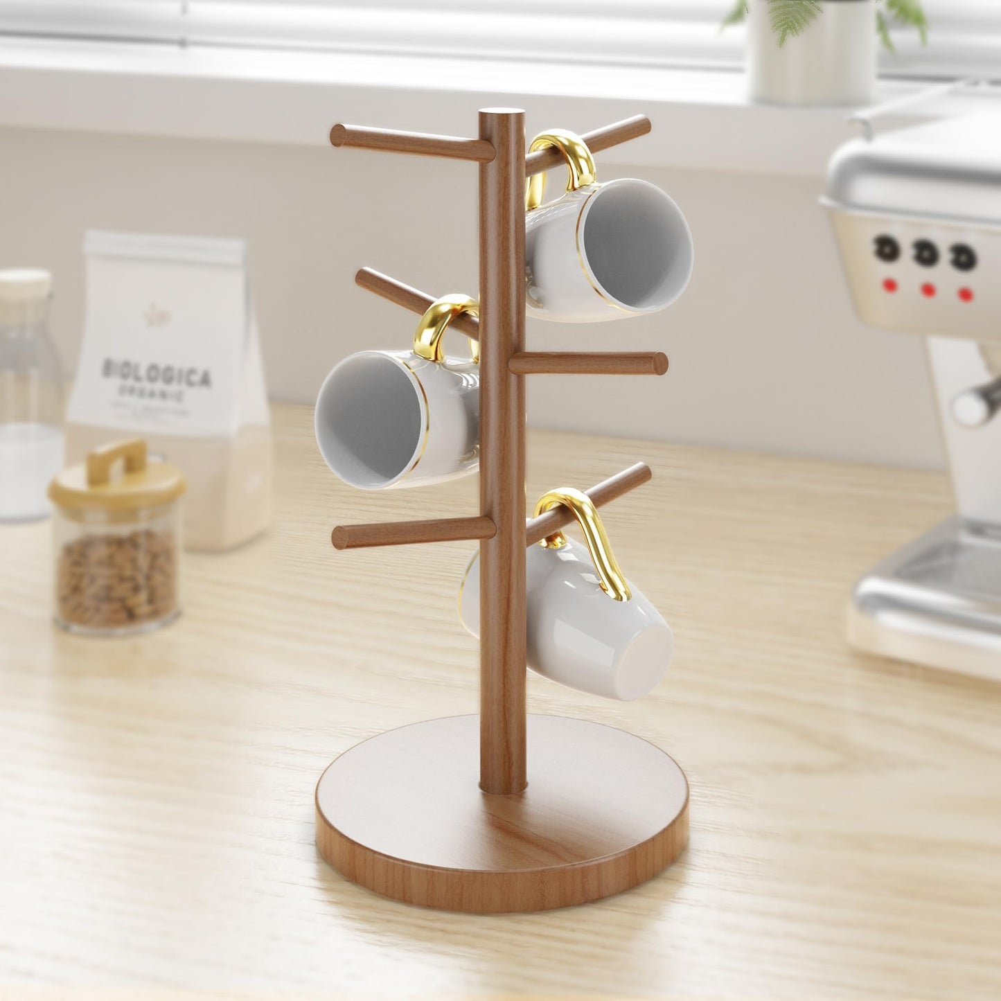 Wisuce Bamboo Coffee Mug Holder Tree, Thicker Base Coffee Cup Holder Stand for Counter, Countertop Mug Rack Organizer with 6 Hooks (Brown