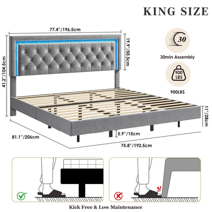 Floating Queen Platform Bed Frame with Smart LED Lights – Modern Diamond Upholstered Headboard, Noise-Free Wood Slats, Under-Bed Storage, Easy Assembly, Contemporary Bedroom Furniture, King Gray