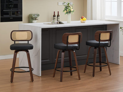 KEIKI Set of 3 Counter Height Bar Stools - 26 inch Rattan Counter Height Stools with Cane Back, Upholstered Seat, Walnut Craftsmanship, Swivel Counter Stools for Kitchen/Counter/Bar, Walnut, Black