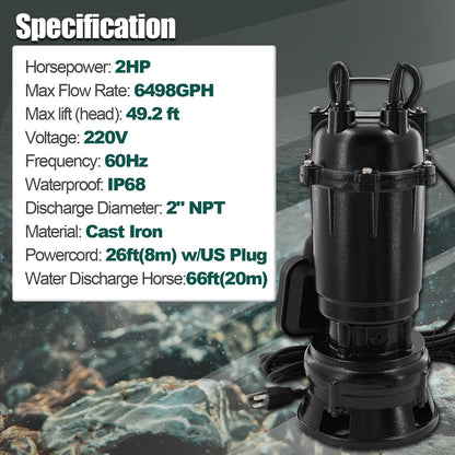 Dewinston 2HP 220V Submersible Sump Pump, 6498GPH Cast Iron Sewage/Effluent Pump 1500w with Automatic Float Switch and 66ft Hose for Sump Basin, Basement, Residential Sewage, 2'' NPT Discharge