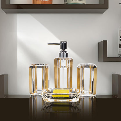LGURT 4-Piece Gold Bathroom Accessories Set — Soap Dispenser, Soap Dish, Mouthwash Cup & Toothbrush Holder, Acrylic with Brushed Gold Accent, Luxury Bathroom Vanity Countertop Organizer for Home