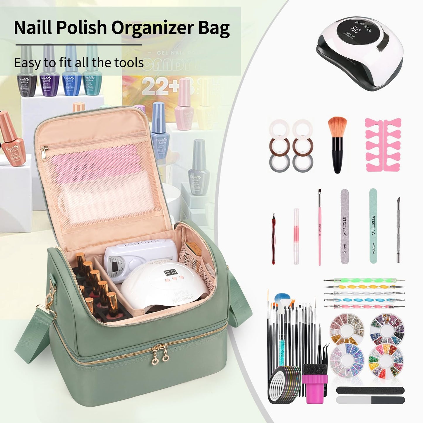 Nail Polish Organizer Case, Nail Supplies Storage Box Holds 45 Bottles Nail Polish & Nail Lamp, Travel Nail Tech Carrying Case, Nail Kit Bag For Nail Stuff & Manicure Tools