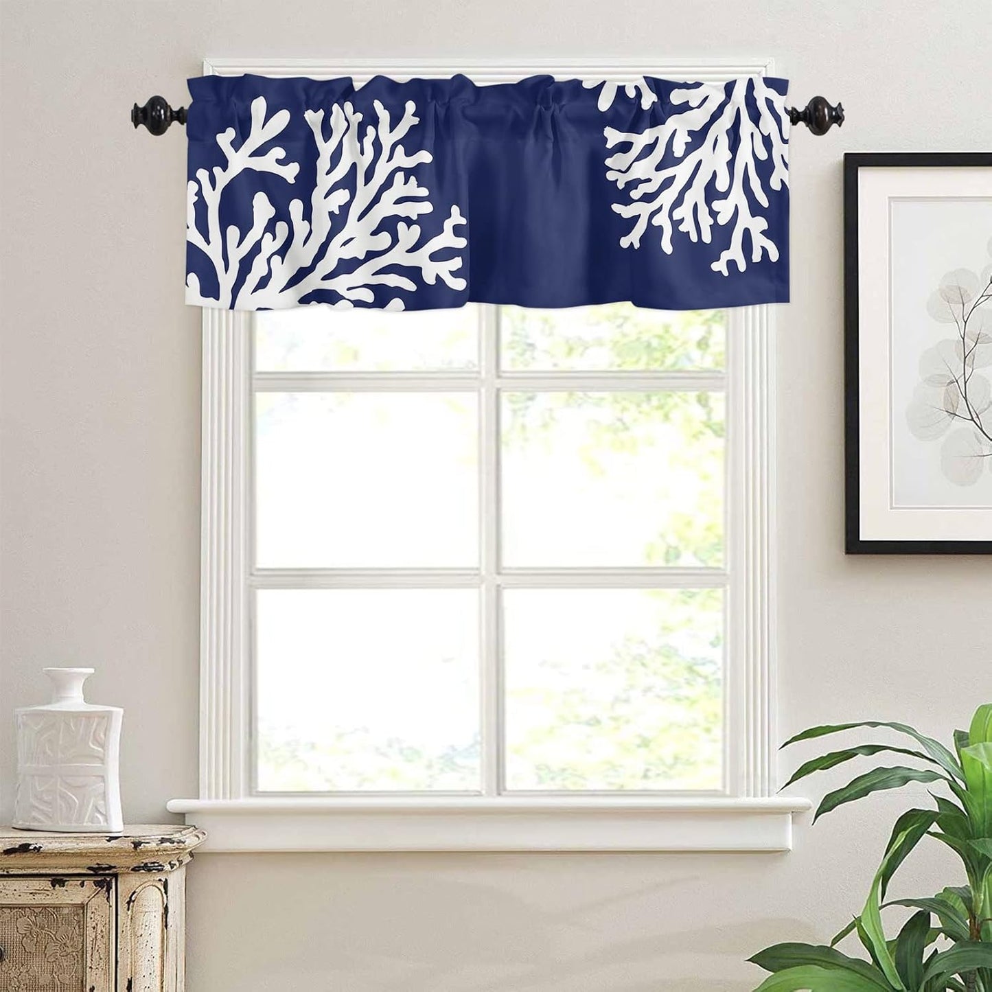 Navy Blue Coral Farmhouse Short Window Curtain Valances, 1 Panel Coastal Nautical Rod Pocket Kitchen Valances