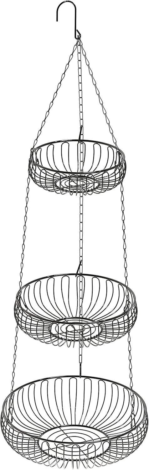 Simple Houseware Adjustable Metal Hanging Fruit Basket, Oblate, Black, 11" W x 11" L x 30" H