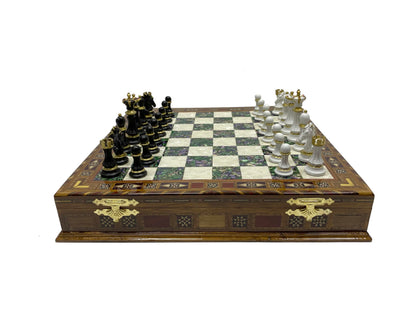 Antochia Crafts 16.5 Inches Large Chess Set - Wooden Chess Board with Mosaic Details and Legendary Hand Painted Luxury Chess Pieces (Green)
