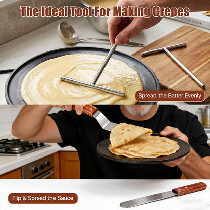 Lainballow Crepe Spreader and Spatula Kit, 7" & 5" T-Shaped Batter Spreaders and Wood Handle Offset Spatula Curved and Straight, Stainless Steel Pancake Tool, Batter Spreaders Fit Any Crepe Pan Maker