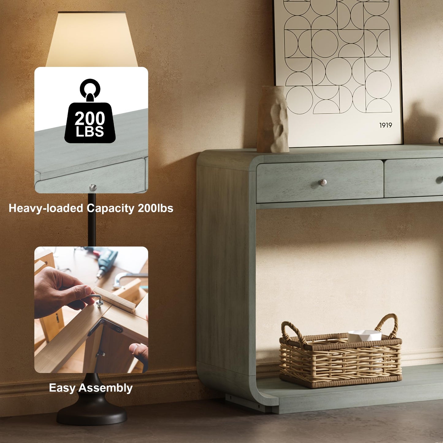 Christopher Knight Home Hiro Narrow Console Table with Storage, Wood Entryway Table with 3 Drawers and 1 Bottom Shelf, Long Entryway Table with Storage, Display Table with Curved Design, Sage Green