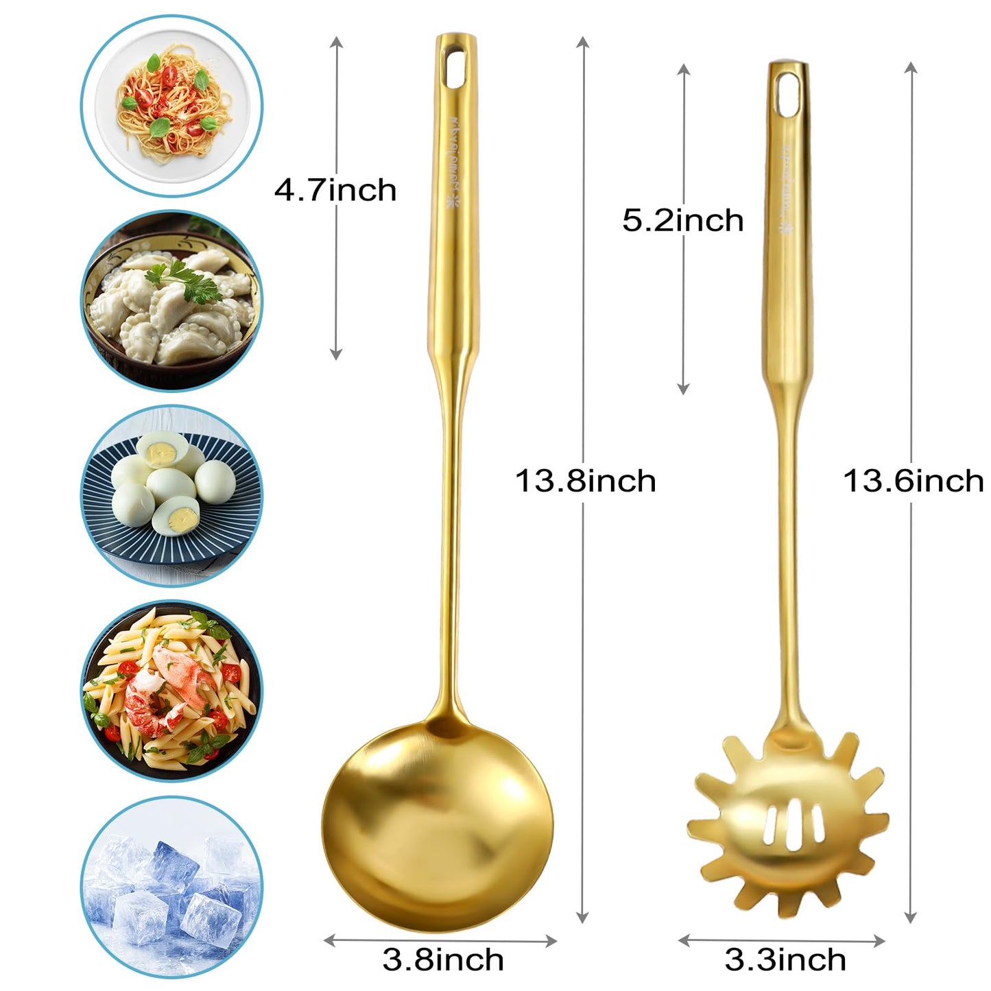 Gold Soup Ladle and Spaghetti Spoon Set - 18/10 Stainless Steel Soup Spoon，Pasta Strainer, 13.8" Kitchen Utensils for Cooking，Stirring, Serving Pasta, Soup & Sauce, Christmas Gifts