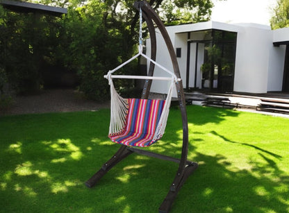 Petra Leisure 7 Ft. Wooden Arc Chair Stand with Hanging Chair - Cozy Swing for Home & Garden Relaxation. 265LB Weight Capacity (Coffee Stain + Red Stripe)