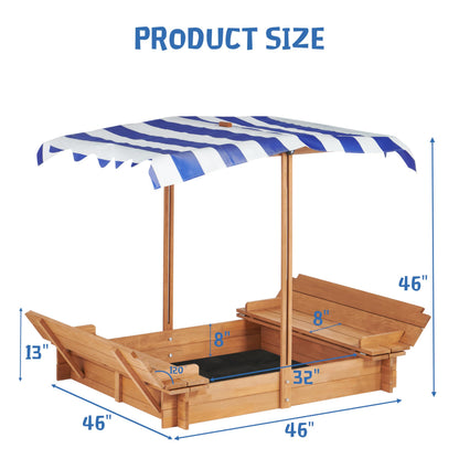 Kids Sandbox with Adjustable Canopy & 2 Foldable Seats, 46'' Wooden Sand Box with Cover, Outdoor Sandpit for Backyard Play