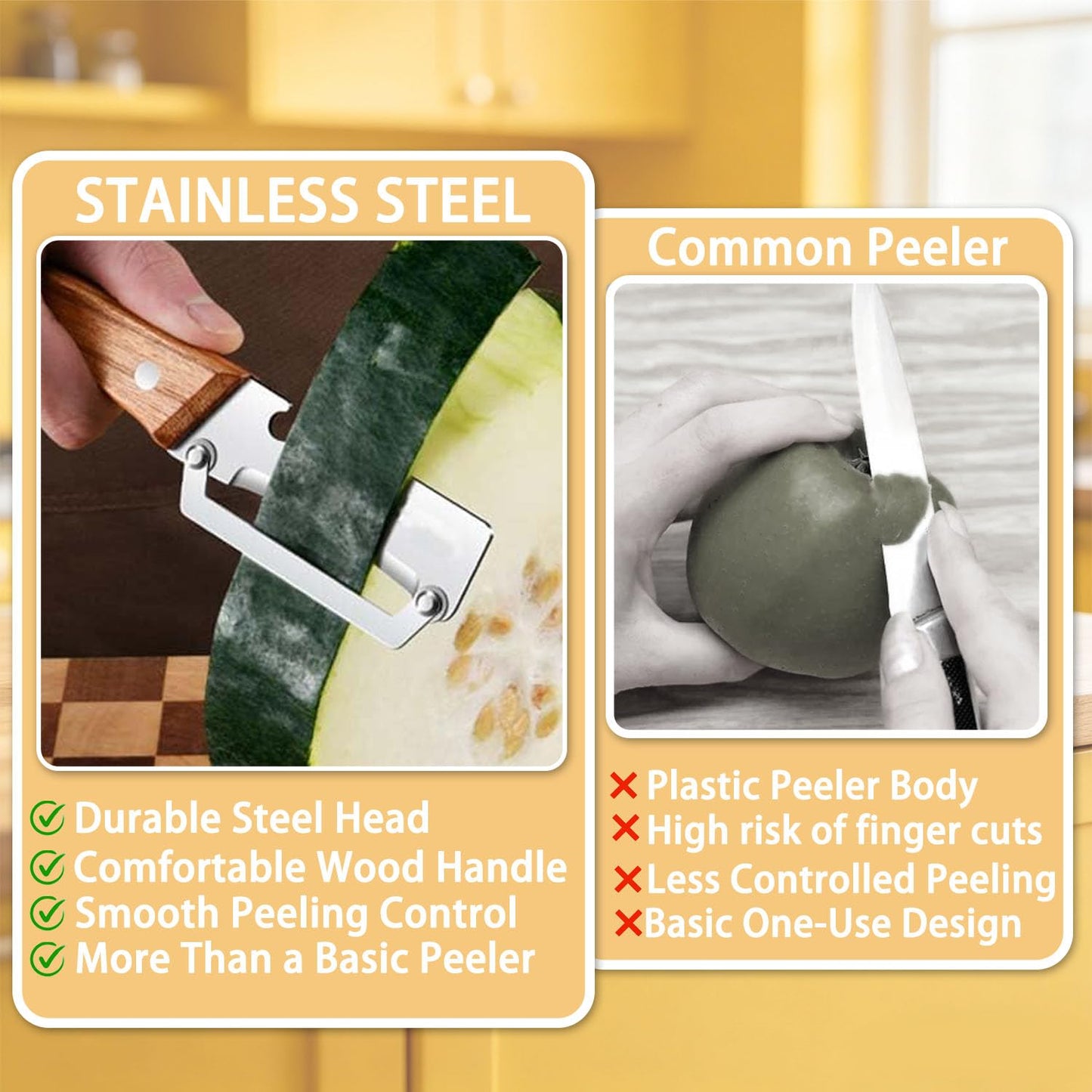 2Pcs Multi Functional Vegetable Peeler for Kitchen, with Bottle Opener and Wooden Handle, 2-in-1 Stainless Steel Kitchen Tool for Fruit Potato Pumpkin