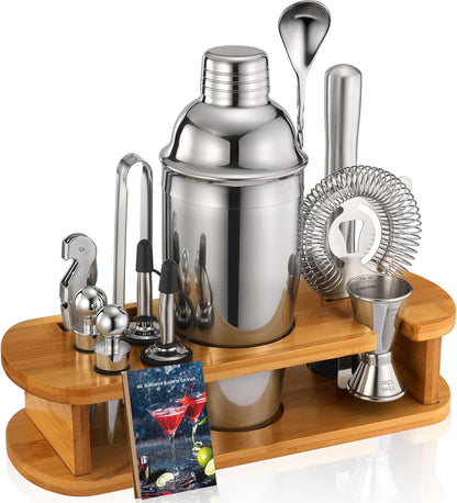Set 13-Pcs Set 25oz Cocktail Shaker Bartender Kit: Bar Tools with Bamboo Stand, Essential Bar Accessories for Home: