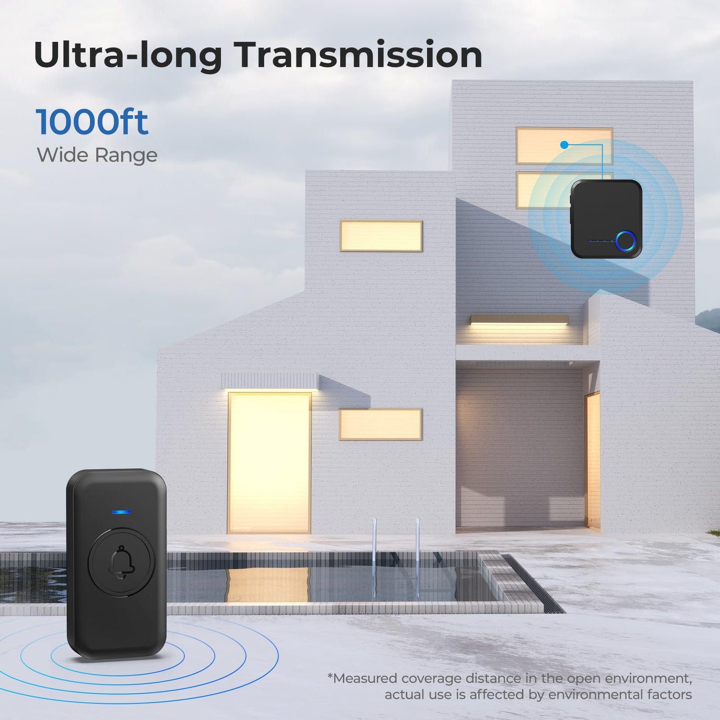 Wireless Doorbell, Waterproof Door Bell with 60 Chimes, 5 Levels Volume and LED Flash, 1000ft Long Range Classroom Doorbell for Home Office Hospital (2 Receiver & 1 Button, Black)