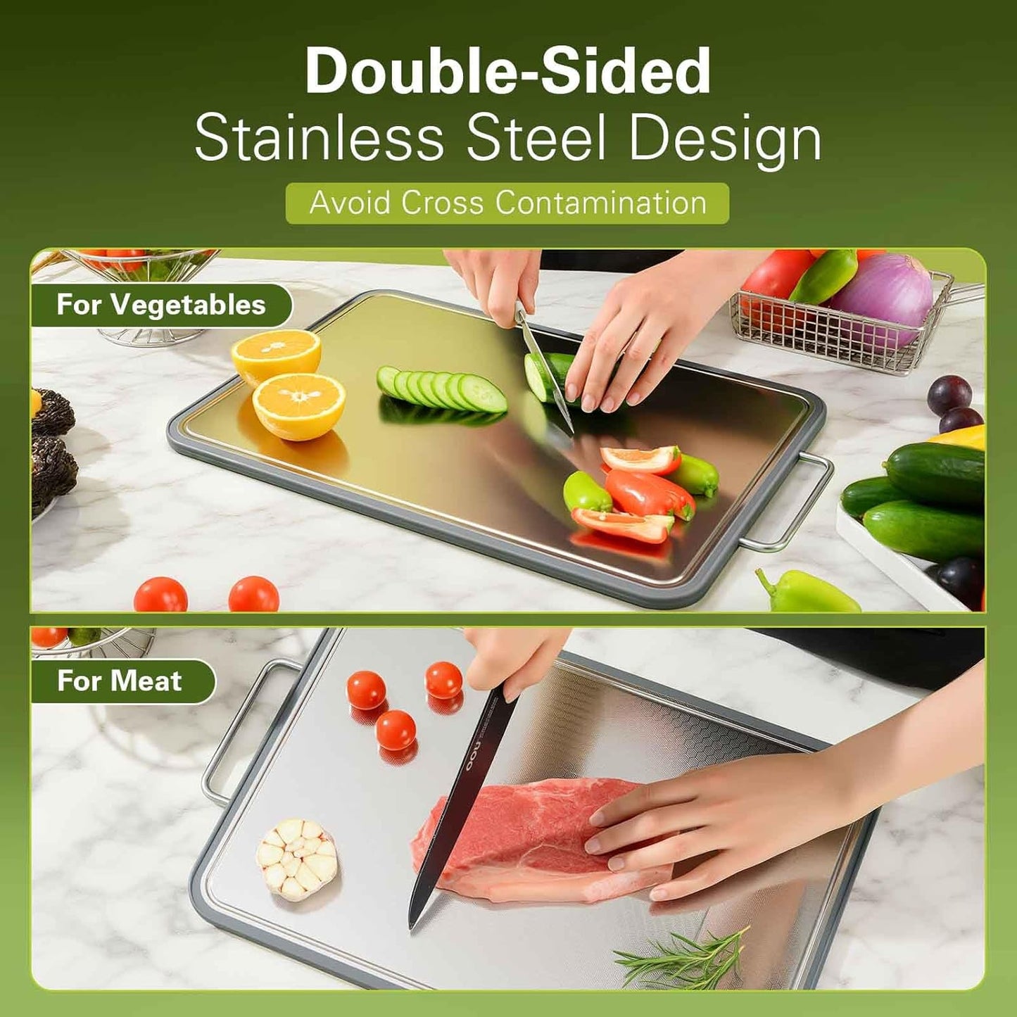 16''11'', 304 Stainless Steel Cutting Board Double Sided Steel Cutting Board for Meat, Vegetables & Fruits, Heavy Duty
