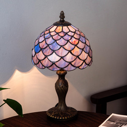 GILGGAK Small Tiffany Stained Glass Table Lamp Wisteria Style Lampshade Nightstand Light for Bedroom Dorm Living Hallway Coffee Table Office Housewarming Gift 8X8X15 (Blue Purple Fish Scales)