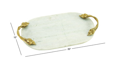 Deco 79 Marble Oval Tray with Gold Twisted Leaf Handles, 20" x 10" x 2", White