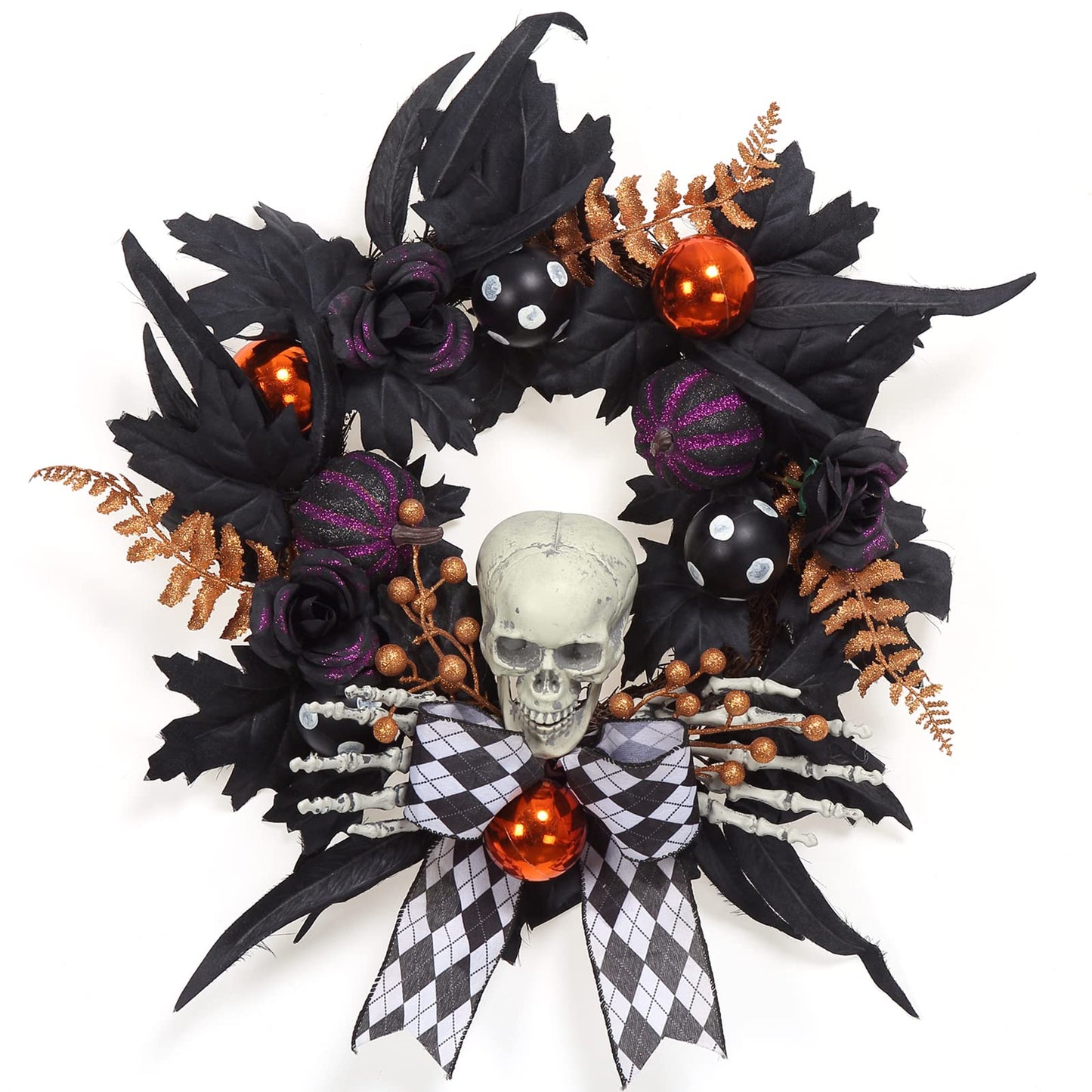 Adeeing Halloween Wreath for Front Door Halloween Skeleton Decorations, 20 Inch Pumpkin Wreath with Skull Black Roses Maple Leaves for Window Indoor Outside Home Party Decor