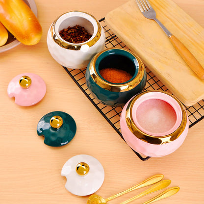 WHJY Ceramic Sugar Bowl with Lid and Spoon, Golf Design Porcelain Salt Bowl Salt Container, Modern Spice Box Seasoning Jar for Home and Kitchen Coffee Bar - White