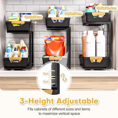 Homde 2-Tier Under Sink Organizer: 2pcs Set Adjustable Pull Out Drawer Undersink Cabinet Storage Rack for Home Kitchen Bathroom