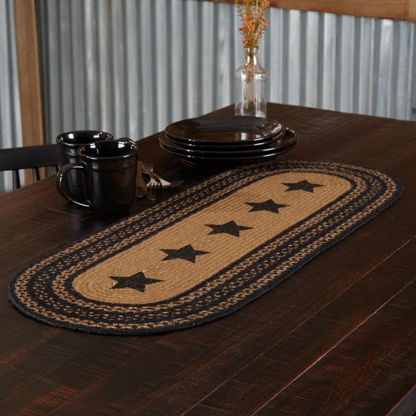 13"x36" VHC Brands Farmhouse Primitive Jute Black Textured Table Runner w/Stenciled Stars