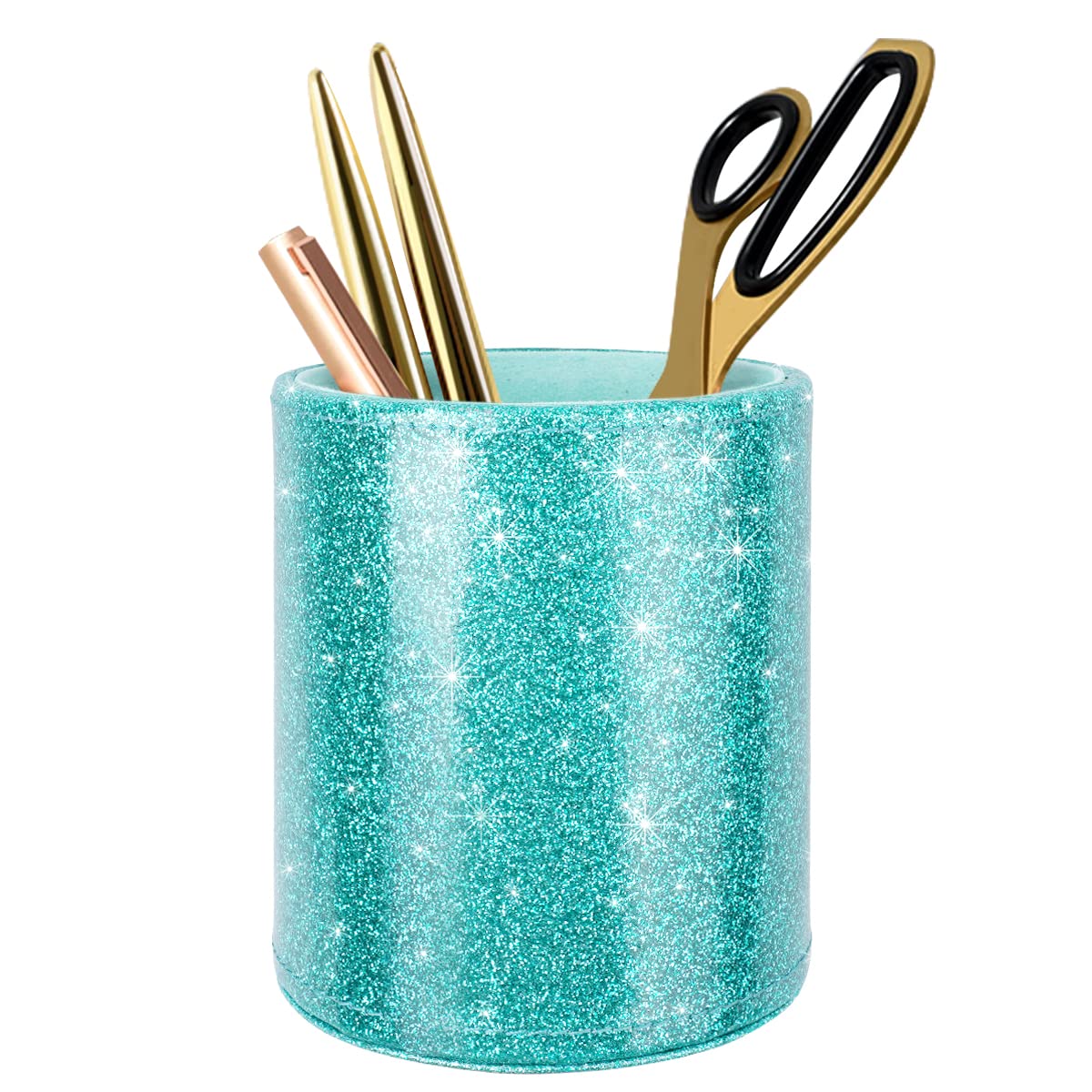 WAVEYU Glitter Pen Holder Pencil Organizer, Cute Pencil Cup Desk Decor, Decorative Makeup Brush Holder Large, Leather Multi-Functional Organizer Cup for Office, Home, Classroom, Blue+Green