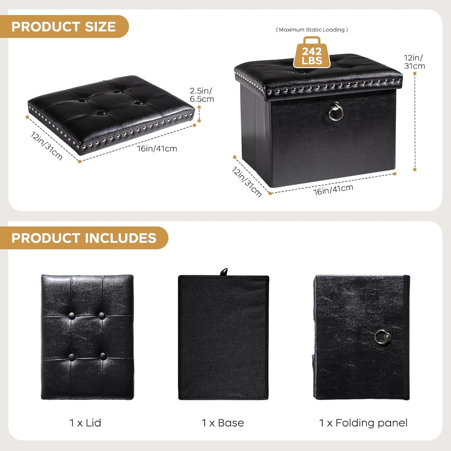 16x12x12 oakvivo Small Storage Ottoman Foot Rest Stool, in Foldable Leather Footstool Storage Bench with Rivet Design