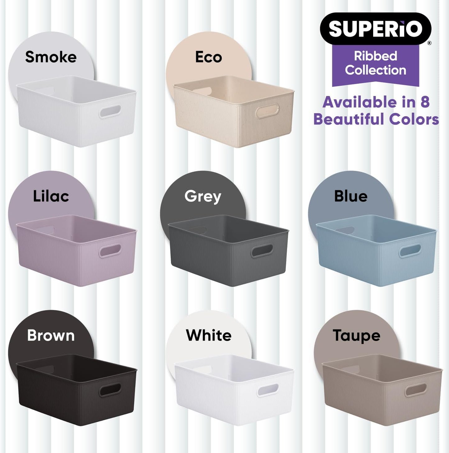 Superio Ribbed Collection - Decorative Plastic Open Storage Bins, Large Taupe (2 Pack), 15 Liter/16 Quart
