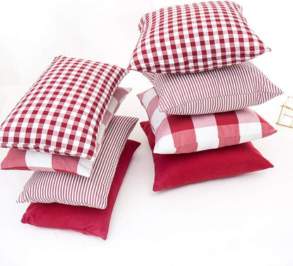 Set of 4 Throw Pillow Covers, Decorative Cotton Linen Cushion Covers, Geometric Stripe Tartan Checkered, Red (18x18")