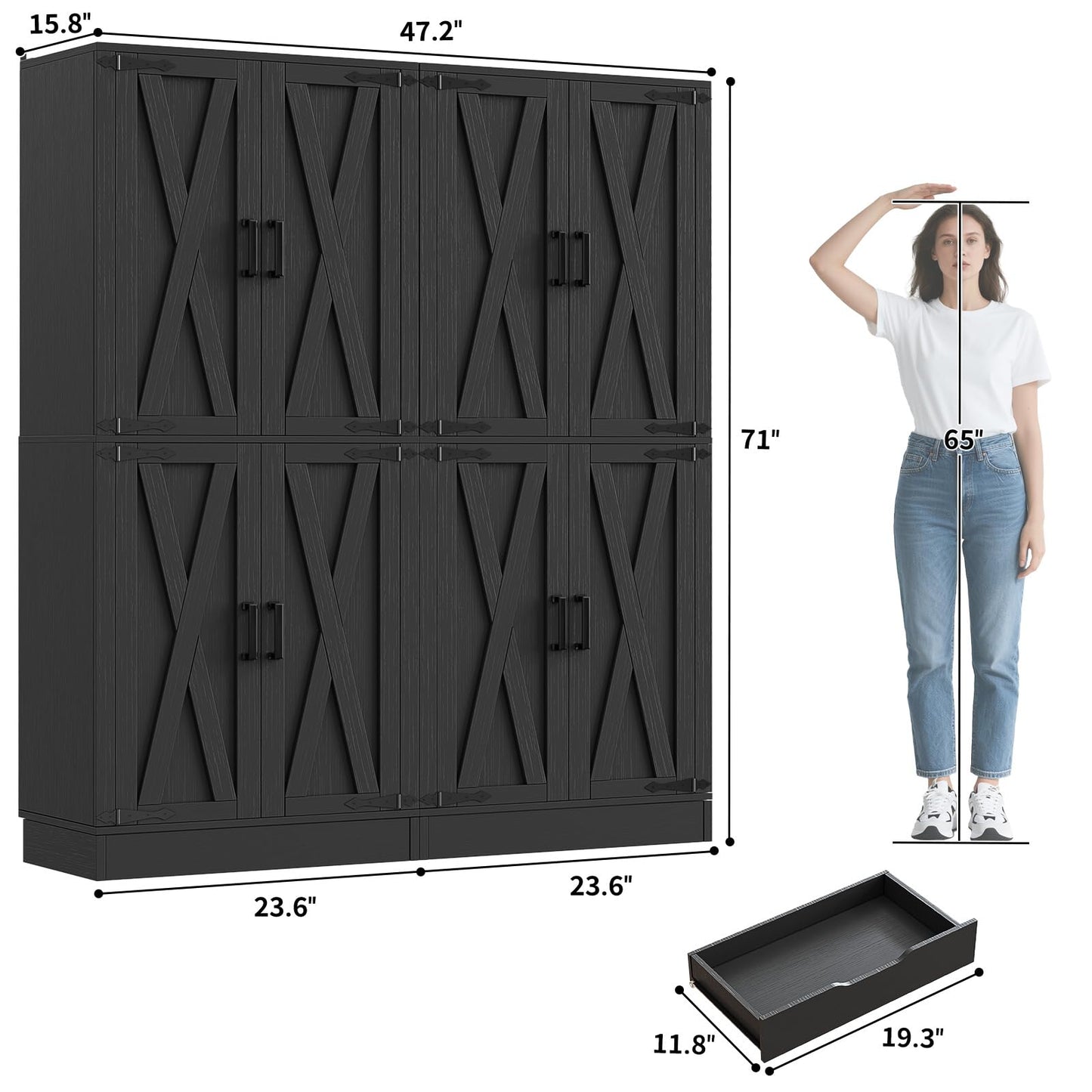 Unikito 71" Tall Kitchen Pantry Cabinet with Farmhouse Barn Doors and Storage Drawer, 4 Adjustable Shelves, Freestanding Cupboard for Kitchen, Dining Room, Living Room, Utility Room, Black 2 Pack