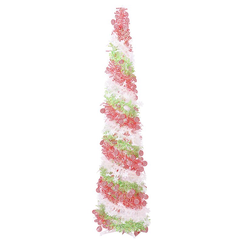 5FT Artificial Pencil Christmas Tree, Red Green White Pop Up Small Christmas Tinsel Tree, for Home Holiday Porch Fireplace Xmas Indoor Party Decoration.