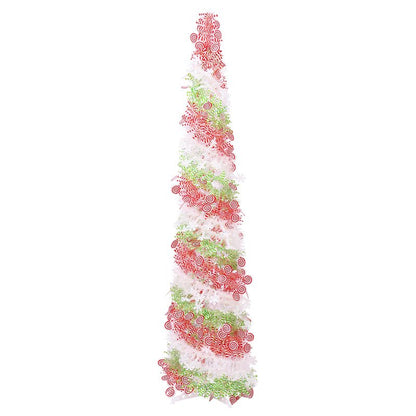 5FT Artificial Pencil Christmas Tree, Red Green White Pop Up Small Christmas Tinsel Tree, for Home Holiday Porch Fireplace Xmas Indoor Party Decoration.