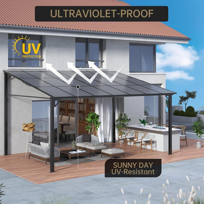 10'X10' Hardtop Wall Mounted Gazebo with Gutters & Galvanized Steel Roof, 60MPH Wind Resistance, Lean to Gazebo Pergola with Sloped Roof for Deck, Porch, Backyard and More, Black