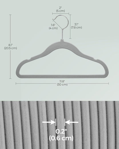 SONGMICS Velvet Baby Kids Hangers - Space-Saving 50 Pack with 360° Swivel Hooks | Dove Gray, 11.8 x 8.1 Inches