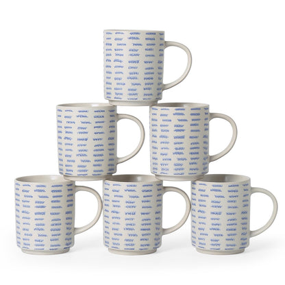 ALOFMO Coffee Mugs Set of 6, 17oz Ceramic Mugs with Handpainted Blue Gray Stripe Pattern, Modern Stackable Coffee Cups, Dishwasher and Microwave Safe Mugs for Home & Office