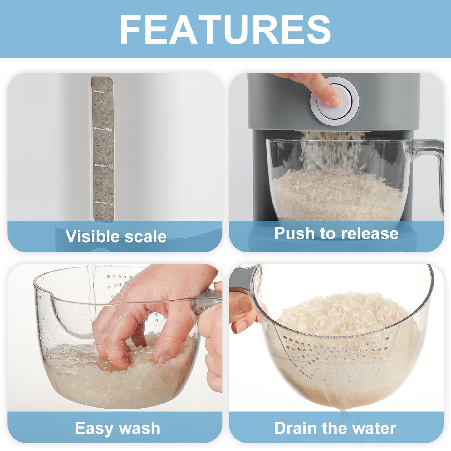 YENXIKU 25 Lbs Cereal & Rice Dispenser - Airtight Countertop Storage Container for Kitchen & Pantry