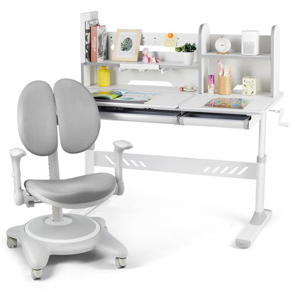 JOYLDIAS Ergonomic Kids Desk with Hutch, 47" Wide Height Adjustable Study Table for Home School, Anti-Hunchback Tilting Desktop for Reading & Drawing, Durable Student Learning Center for Boys & Girls