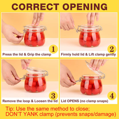 HINGWAH 16 oz Glass Jars with Airtight Lids, 6 Pack Wide Mouth Mason Jars with Clamp Lids for Kitchen Canisters, Food Storage Containers for Pickling, Coffee, Spices, Sugar, Herbs