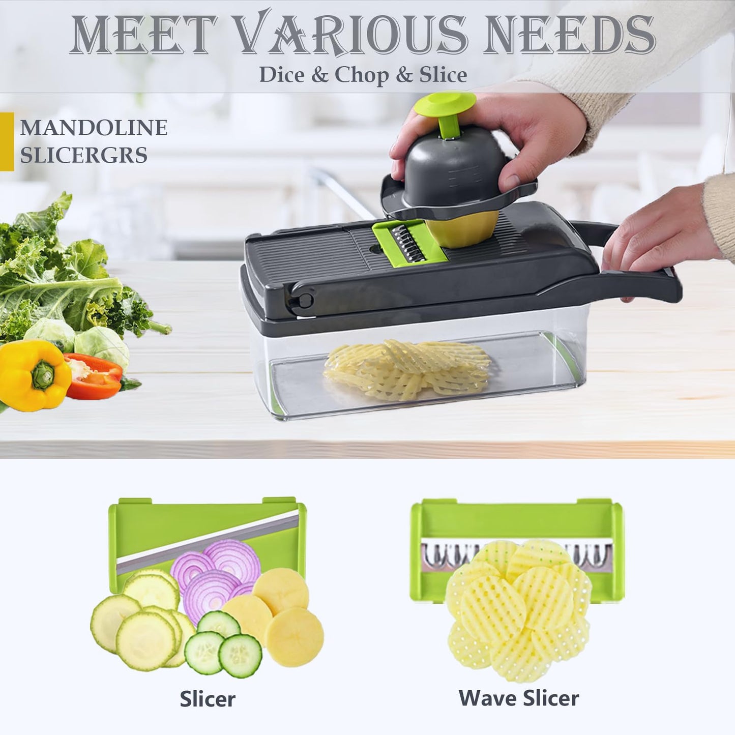 Vegetable Chopper Dicer with Container | Cheese Grater Mandoline Slicer Cabbage Shredder French Fry Cutter Stainless Steel for Veggie Onion Potato Fruit Food, Manual Hand Cooking Gadget for Kitchen