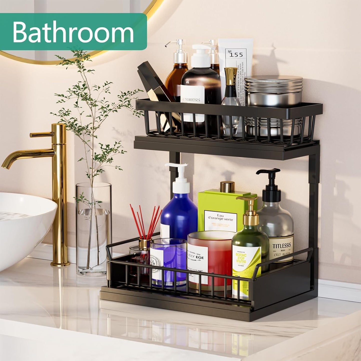 Under Sink Organizer, Metal 2 Tier Storage Basket, Slide Out Cabinet Organizer Shelf for Kitchen and Bathroom, Black