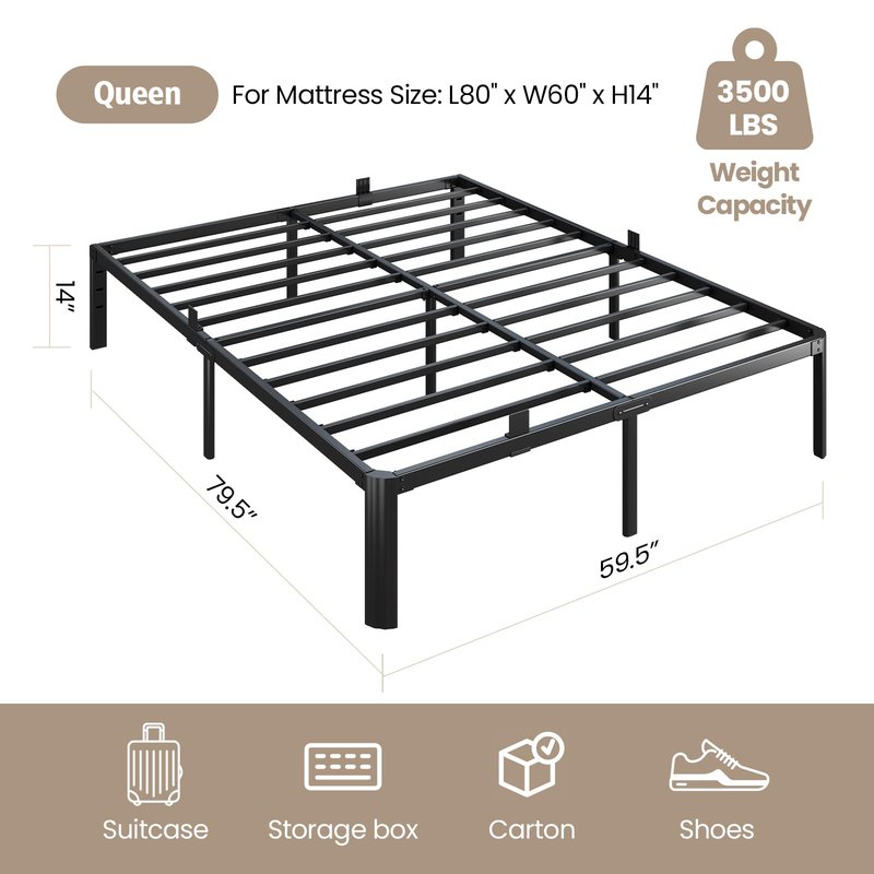 Metal Bed Frame Queen Size, 14 Inch 3500 lbs Heavy Duty Platform Bed Frames Steel Slats Noise Free No Box Spring Needed, Easy Assemble Sturdy Bedframe with Storage and Mattress Retainers
