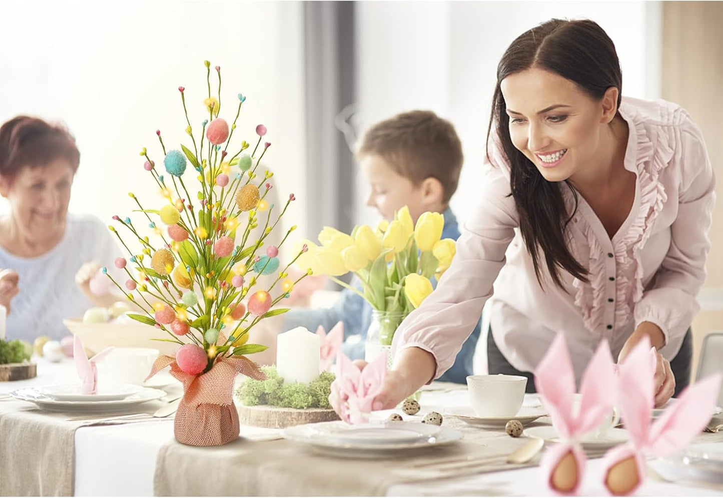 18 Inch Summer RoseCraft Easter Decorations, Artificial Pre-Lit Easter Egg Tree Tabletop Decor with Delicate Ornaments